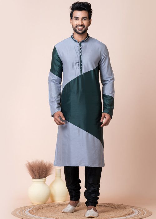 Grey & Green Readymade Men Viscose Kurta Pajama 