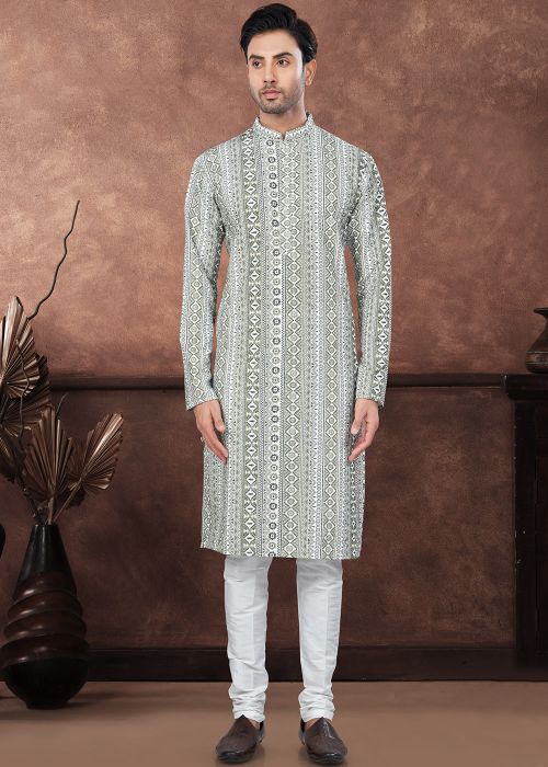 Green & Off White Printed Readymade Rayon Men Kurta 