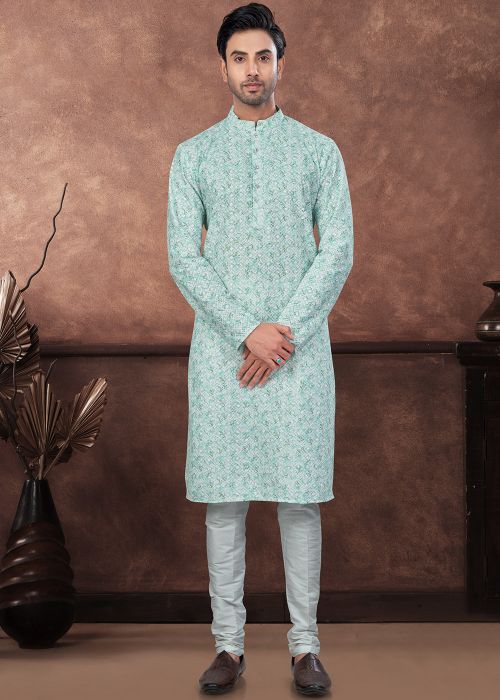 Green & Off White Readymade Rayon Men Kurta 