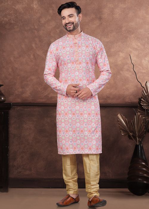Pink Rayon Men Readymade Kurta In Embroidery