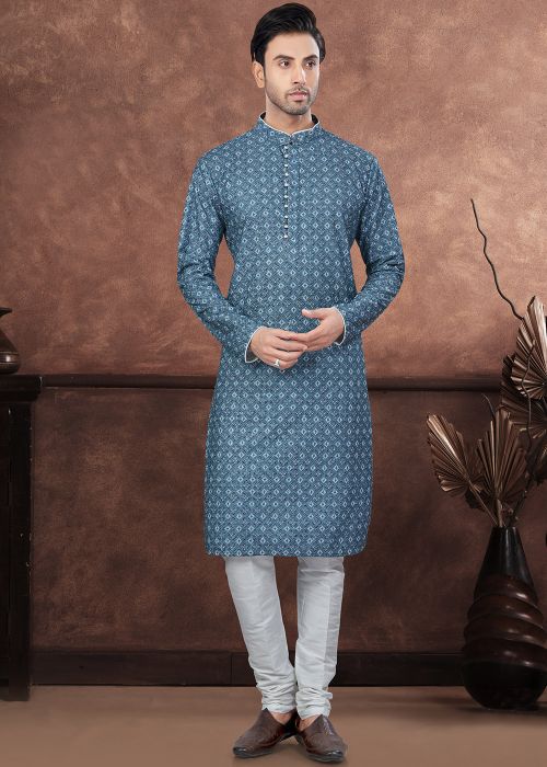 Blue Digital Printed Readymade Men Kurta In Rayon