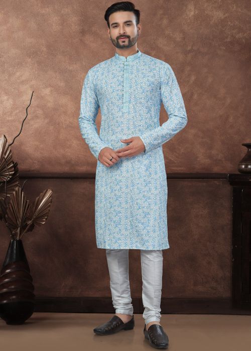 Blue & Off White Printed Readymade Rayon Men Kurta 