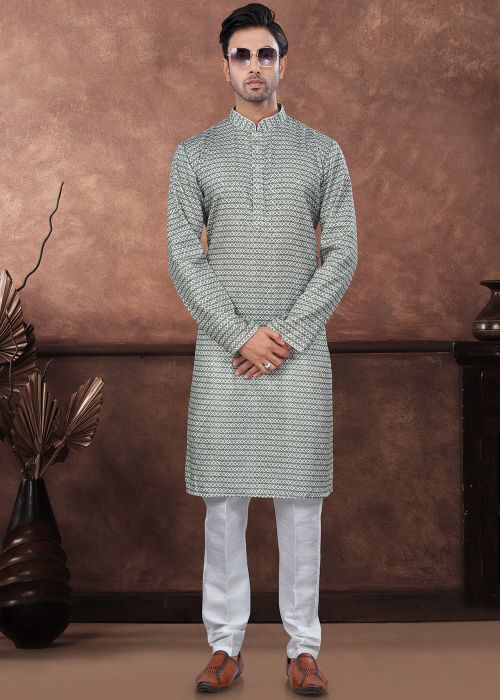 Green Digital Printed Readymade Men Kurta In Jacquard 