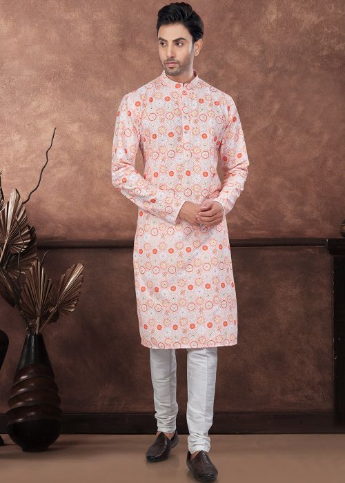 Orange Rayon Men Readymade Kurta In Embroidery