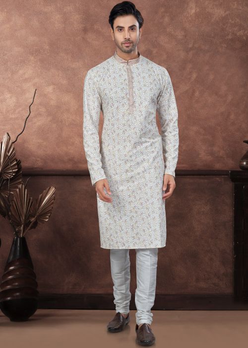 Off White Rayon Men Readymade Kurta In Embroidery