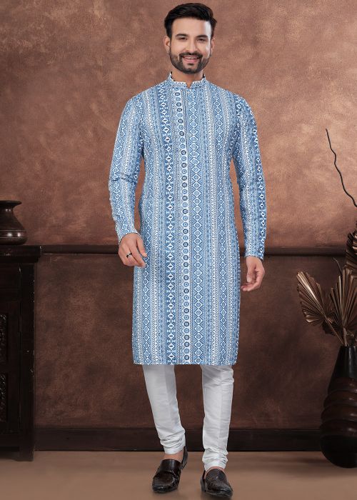 Blue & Off White Readymade Rayon Men Kurta In Embroidery