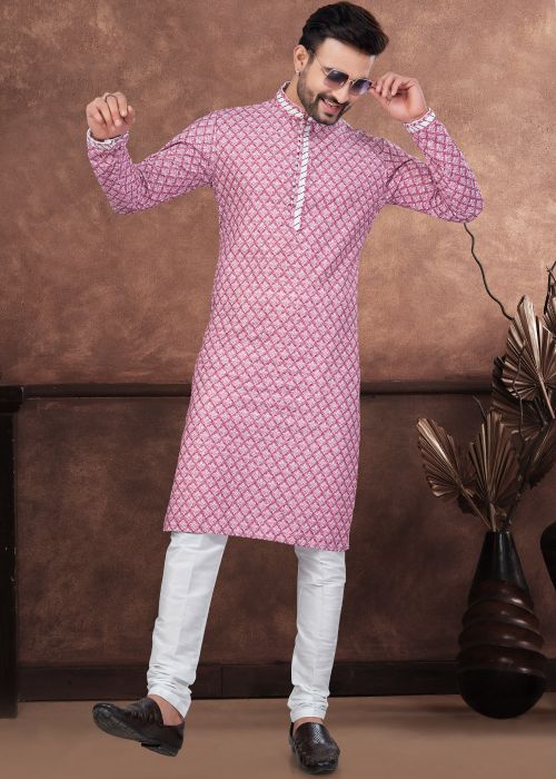 Pink Rayon Digital Printed Men Readymade Kurta 