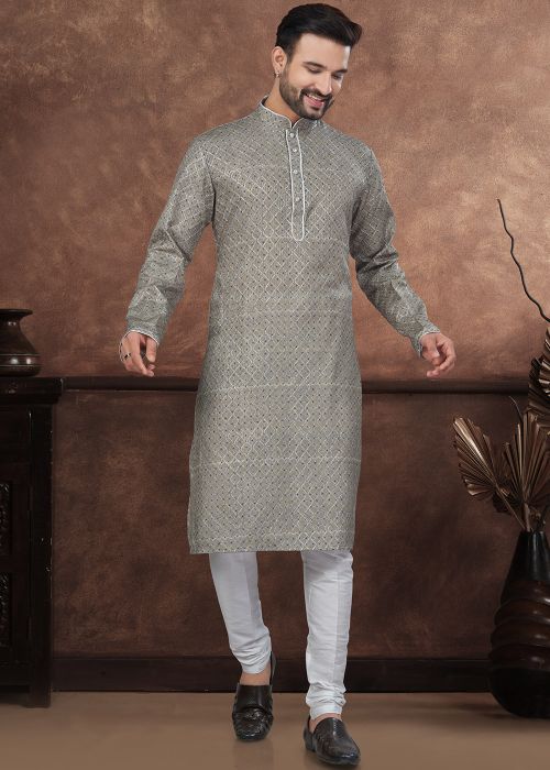 Green Jacquard Readymade Men Kurta In Digital Print