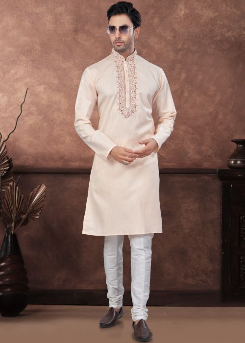 Peach Embroidered Men Readymade Kurta In Cotton