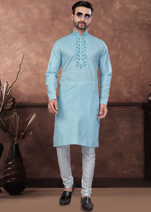 Blue Embroidered Cotton Men Readymade Kurta 