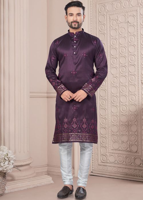 Purple Readymade Art Silk Men Kurta In Embroidery