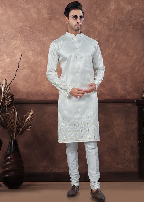 Off White Readymade Embroidered Men Kurta In Art Silk
