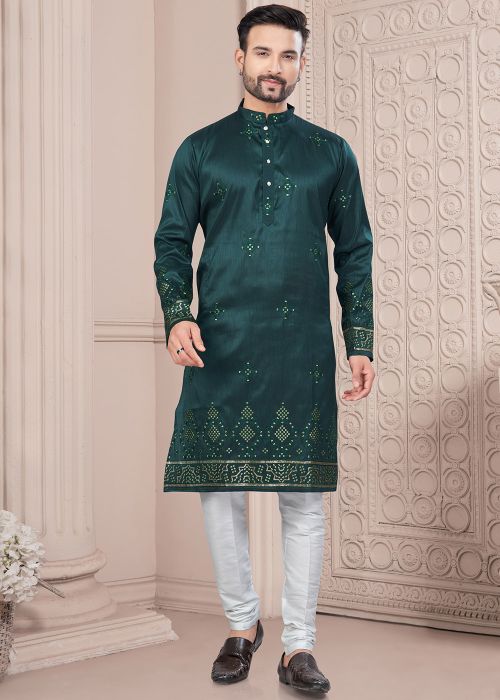 Green Readymade Embroidered Men Art Silk Kurta 