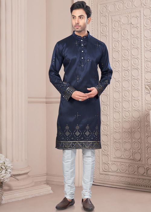 Dark Blue Readymade Art Silk Men Kurta In Embroidery