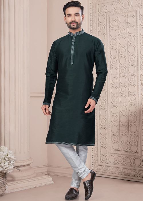 Green Art Silk Readymade Men Kurta In Plain