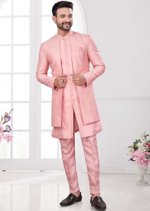 Jacket Style Embroidered Indo Western Sherwani In Peach