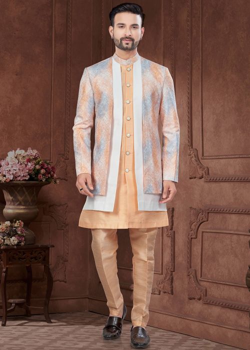 Peach Embroidered Jacket Style Indo Western Sherwani