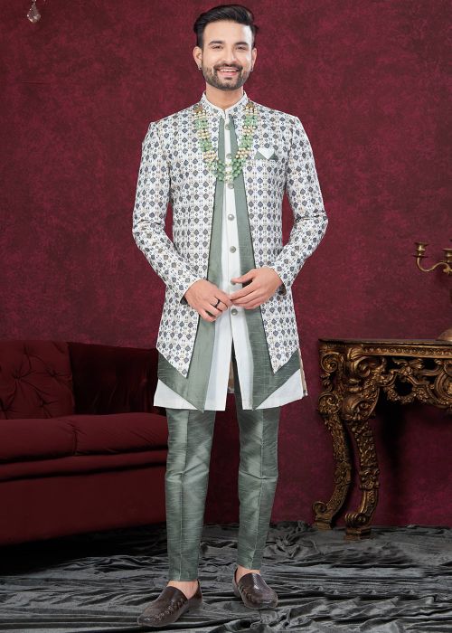 Off White & Grey Printed Jacket Style Indo Western Sherwani