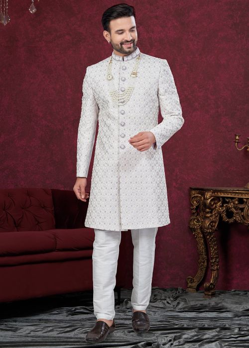 Off White Embroidered Indo Western Sherwani Set