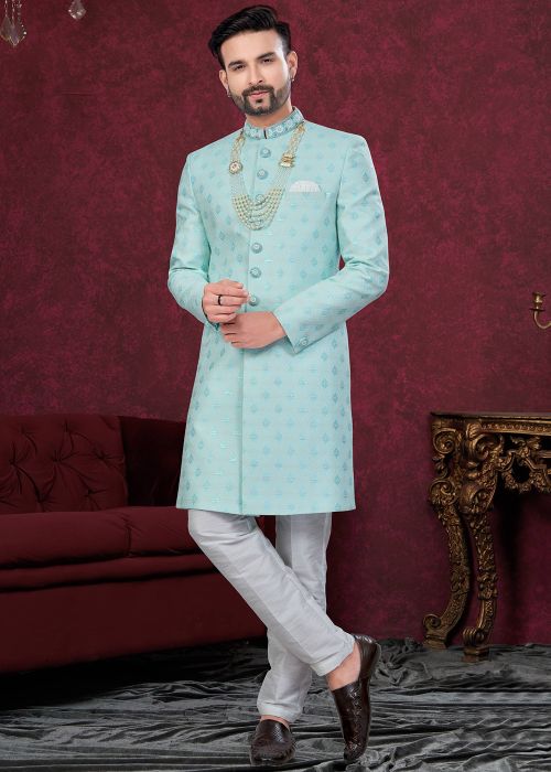 Turquoise Woven Indo Western Sherwani In Jacquard