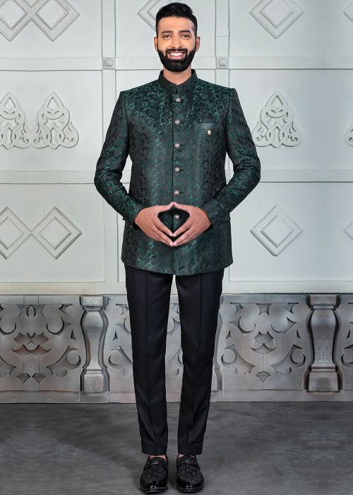 Green Woven Men Bandhgala Jodhpuri