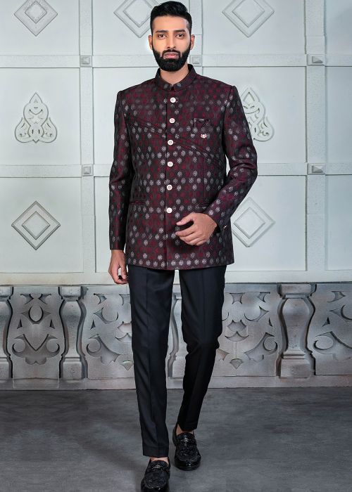 Wine Woven Work Bandhgala Jodhpuri Suit
