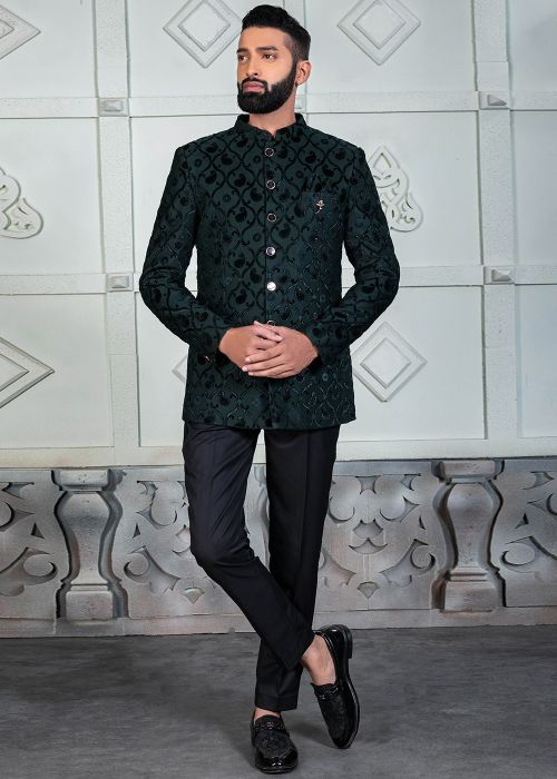 Green Woven Men Bandhgala Jodhpuri