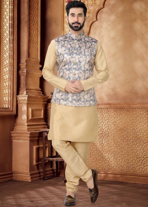 Golden Kurta Set With Floral Print Nehru Jacket