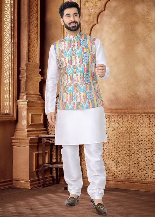 White Kurta Set With Foil Print Nehru Jacket