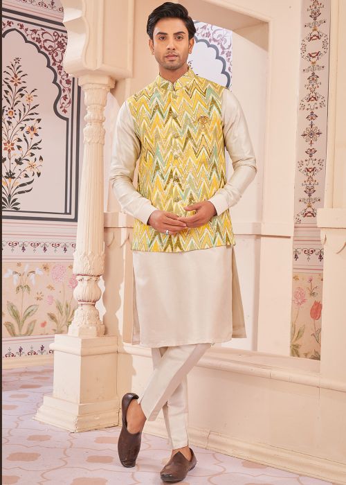 Men Kurta Pant With Woven Nehru Jacket In Cream