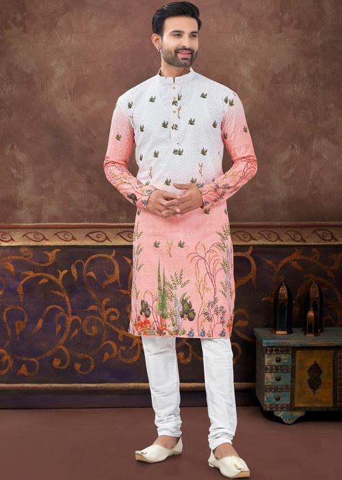 Shaded Peach Readymade Rayon Men Kurta Pajama In Embroidery