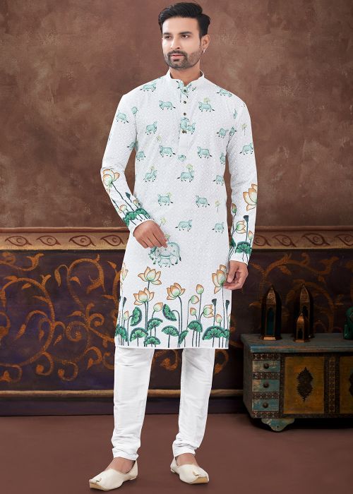 Off White Readymade Embroidered Men Rayon Kurta Pajama Set