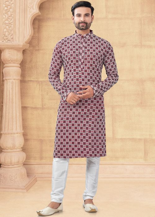 Maroon Readymade Thread Embroidered  Rayon Kurta Pajama
