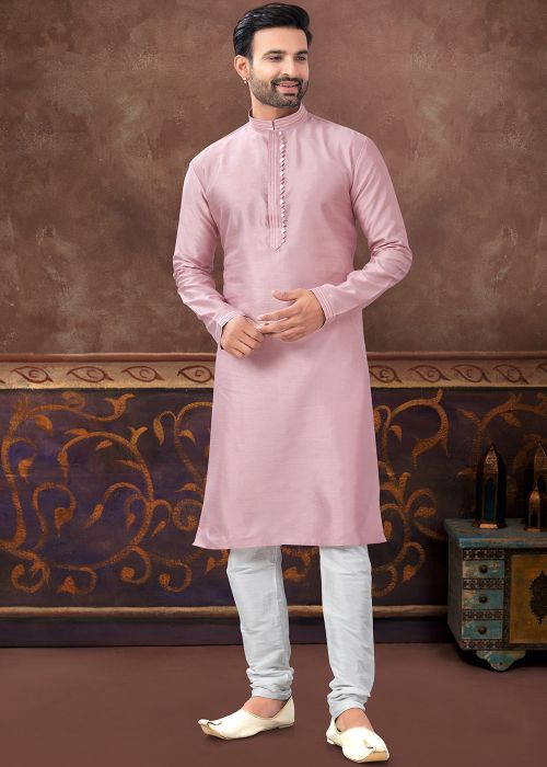 Pink Plain Readymade Men Kurta Pajama In Art Silk
