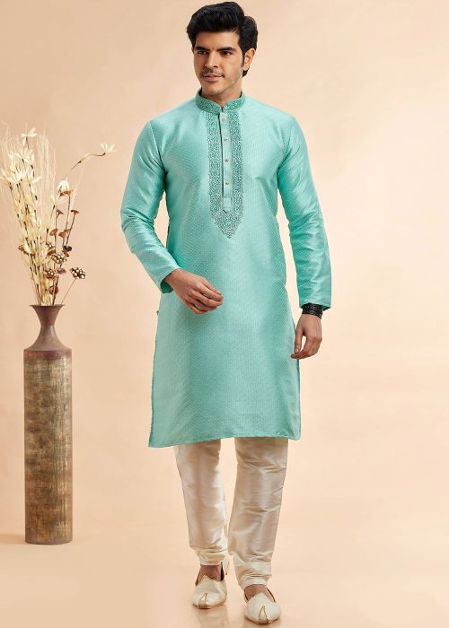 Readymade Turquoise Embroidered Men Kurta Pajama