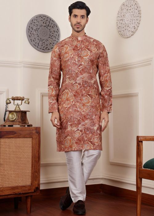 Brown Printed Kurta Pajama For Men