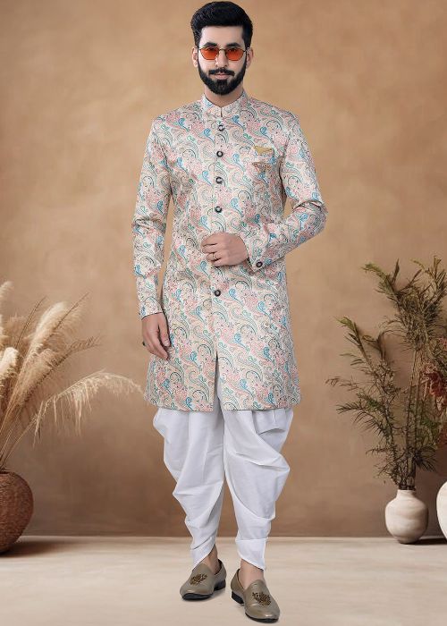 Multicolor Woven Readymade Jacquard Men Indowestern Sherwani With Dhoti