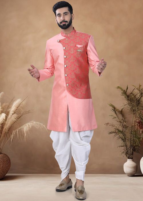 Peach Woven Readymade Men Indowestern Sherwani With Dhoti In Art silk