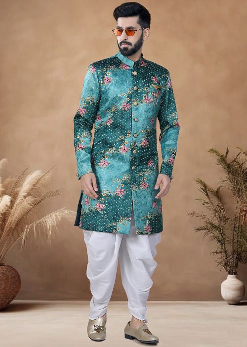 Green Readymade Jacquard Men Indowestern Sherwani With Dhoti In Print