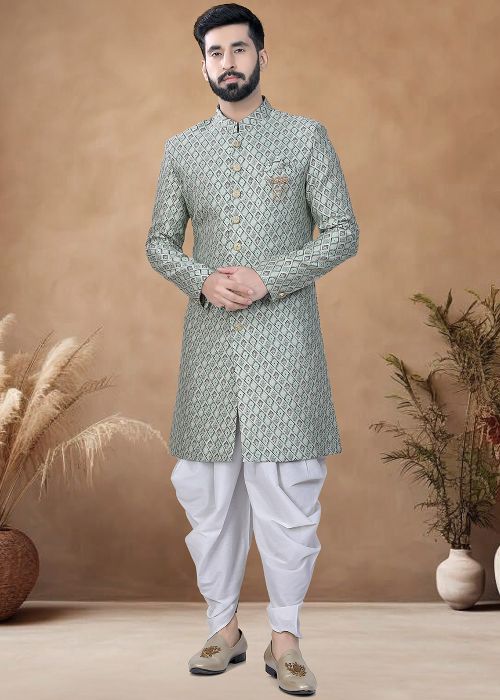 Sage Green Readymade Jacquard Men Indowestern Sherwani With Dhoti In Print