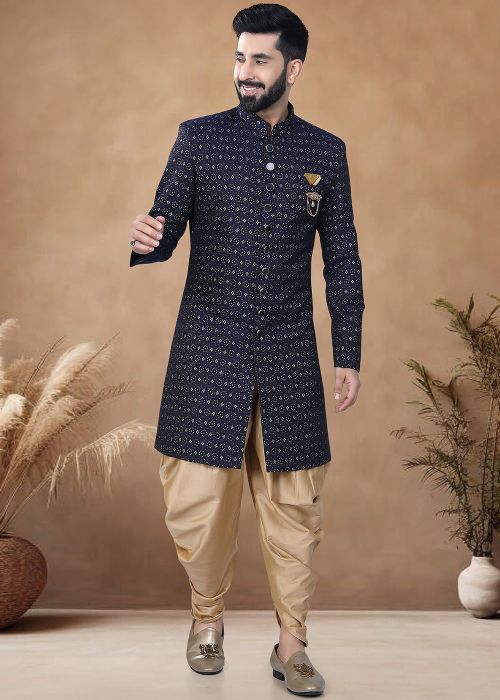Blue Readymade Jacquard Men Printed Indowestern Sherwani With Dhoti