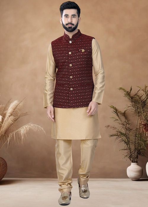 Golden Readymade Art Silk Men Indowestern Kurta Pajama With Nehru Jacket
