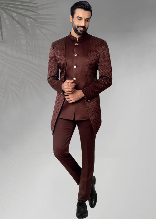 Maroon Asymmetric Bandhgala Jodhpuri Suit In Woven
