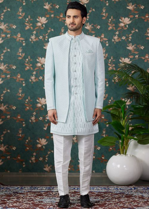 Blue Embroidered Indo Western Sherwani With Jacket