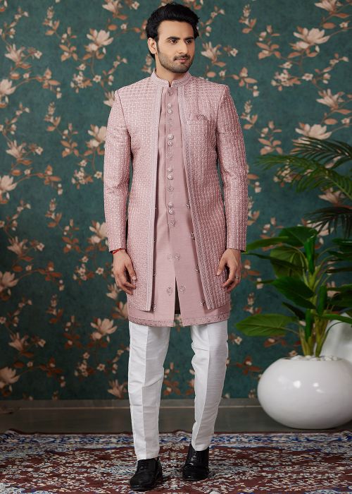 Pink Embroidered Indo Western Sherwani With Jacket