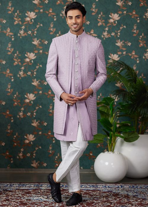 Purple Sequins Embroidered Indo Western In Art Silk
