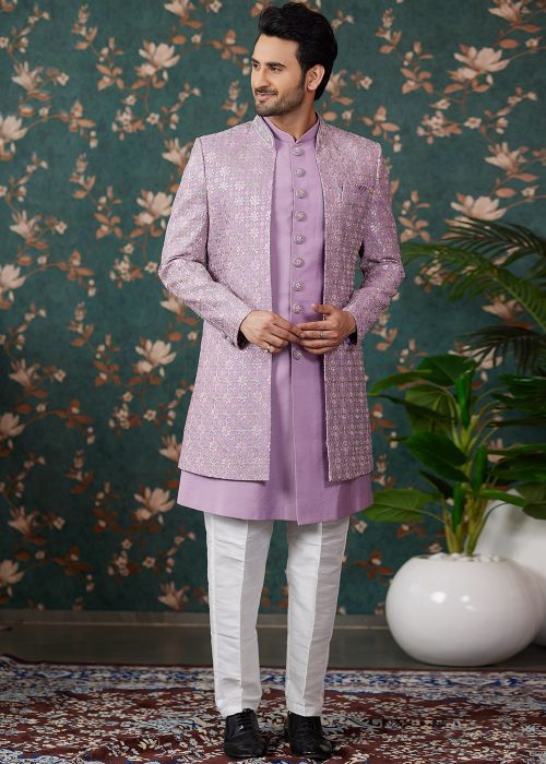 Purple Sequins Embroidered Indo Western In Art Silk
