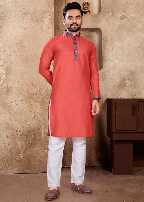 Dark Peach Men Kurta Pant Set