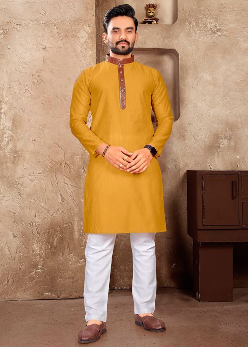 Yellow Men Plain Kurta With Pant