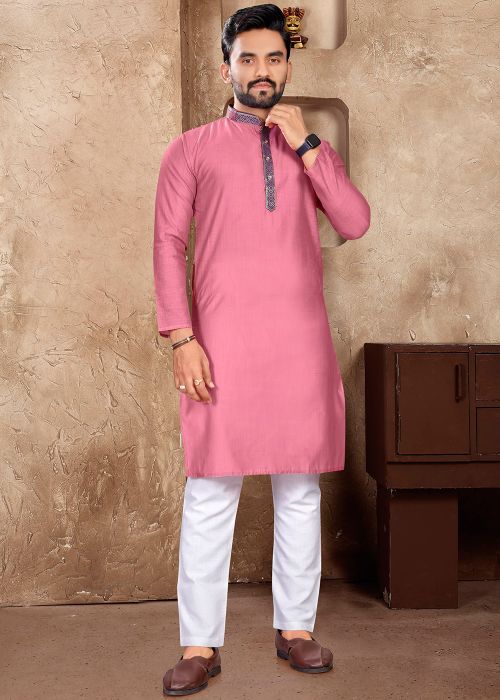 Pink Men Readymade Plain Kurta Pant Set